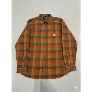 Carhartt Men's 2XL Tall Loose Fit Flannel Shirt Plaid Orange Brown Heavyweight